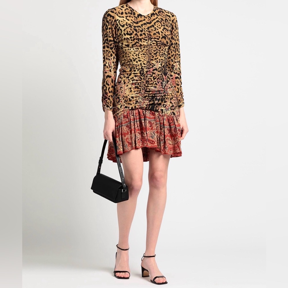 Etro Leopard & Paisley Print Long-Sleeve Mini Dress in Brown and Rust IT 40
